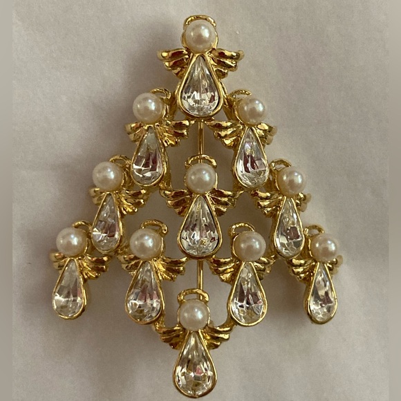 VTG Angel Tree Brooch pearl goldtone - Picture 1 of 8